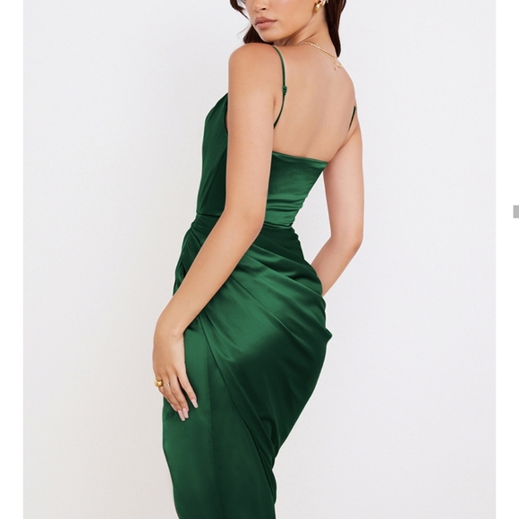 Emerald Green Spaghetti Strap Draped High Slit Tulip Skirt Satin Midi Dress - Picture 3 of 16